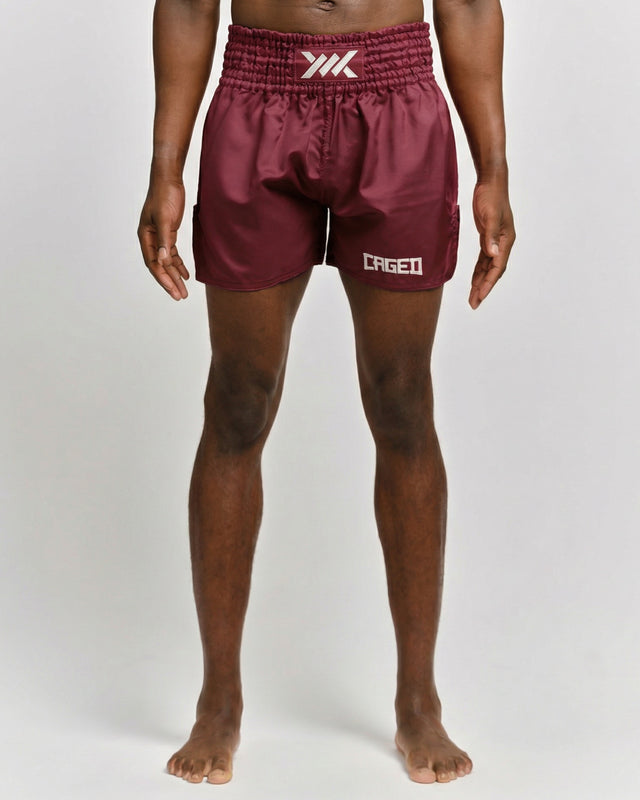Calções de Muay Thai Caged Classic – Bordô/Branco