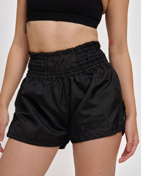 Pantaloni scurți Muay Thai Caged Classic – Negru/Negru femei