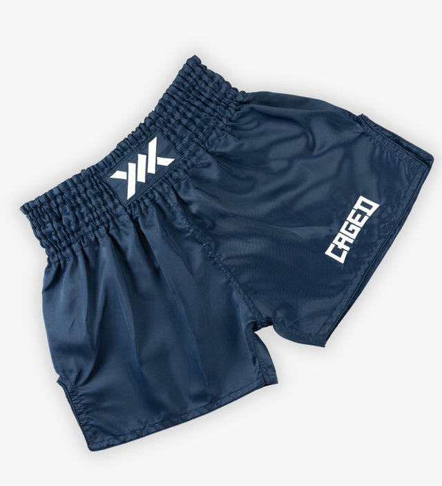 Muay Thai trenky Caged Classic – Tmavě modré/Bílé