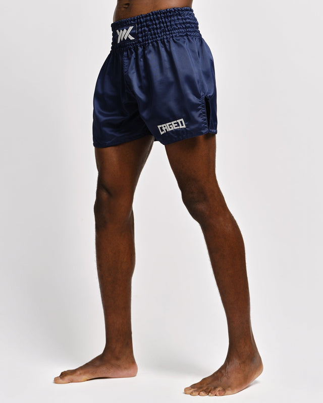Muay Thai trenky Caged Classic – Tmavě modré/Bílé