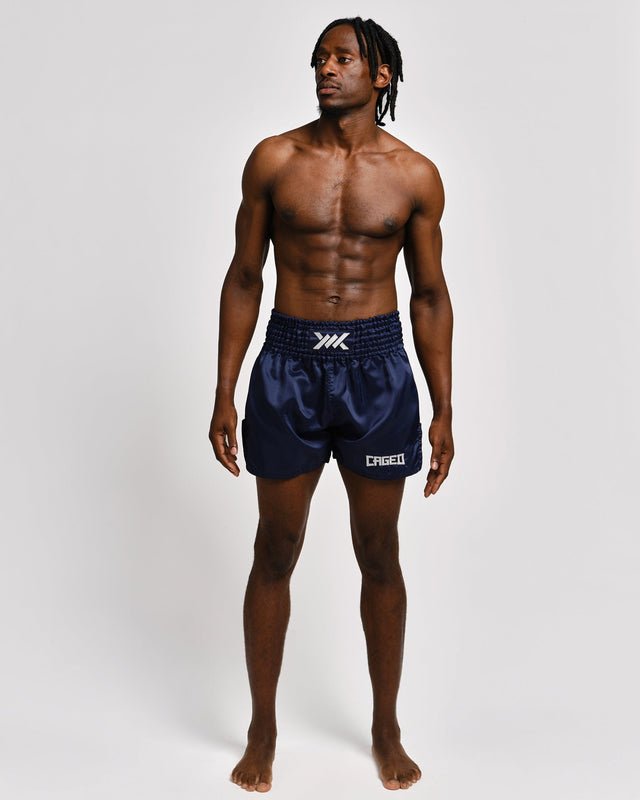 Muay Thai trenky Caged Classic – Tmavě modré/Bílé