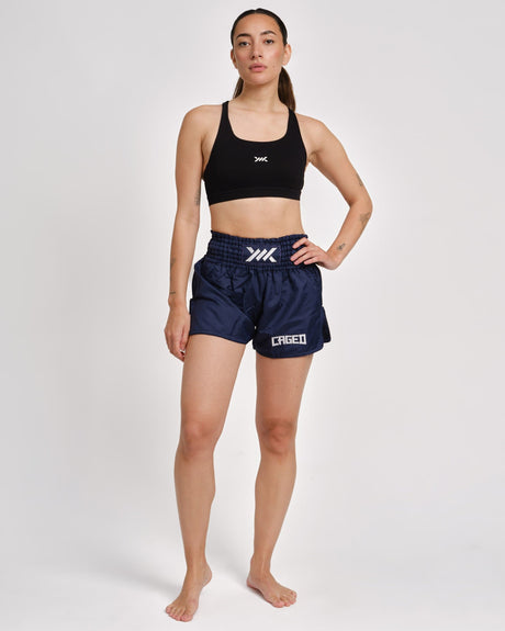 Pantaloni scurți Caged Muay Thai Classic – Albastru închis/Alb femei