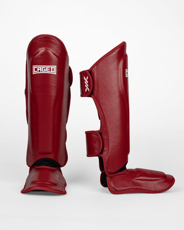 Caged Shin Guards 'X' Series - Bordeaux Red/White
