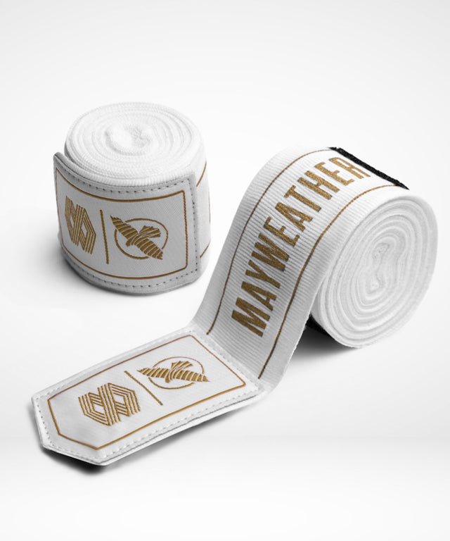 Bende da boxe Hayabusa x Mayweather Stretch – Bianco/Oro