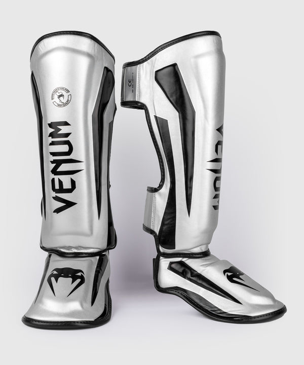 Caneleiras de kickboxing Venum Elite – Preto/Prata